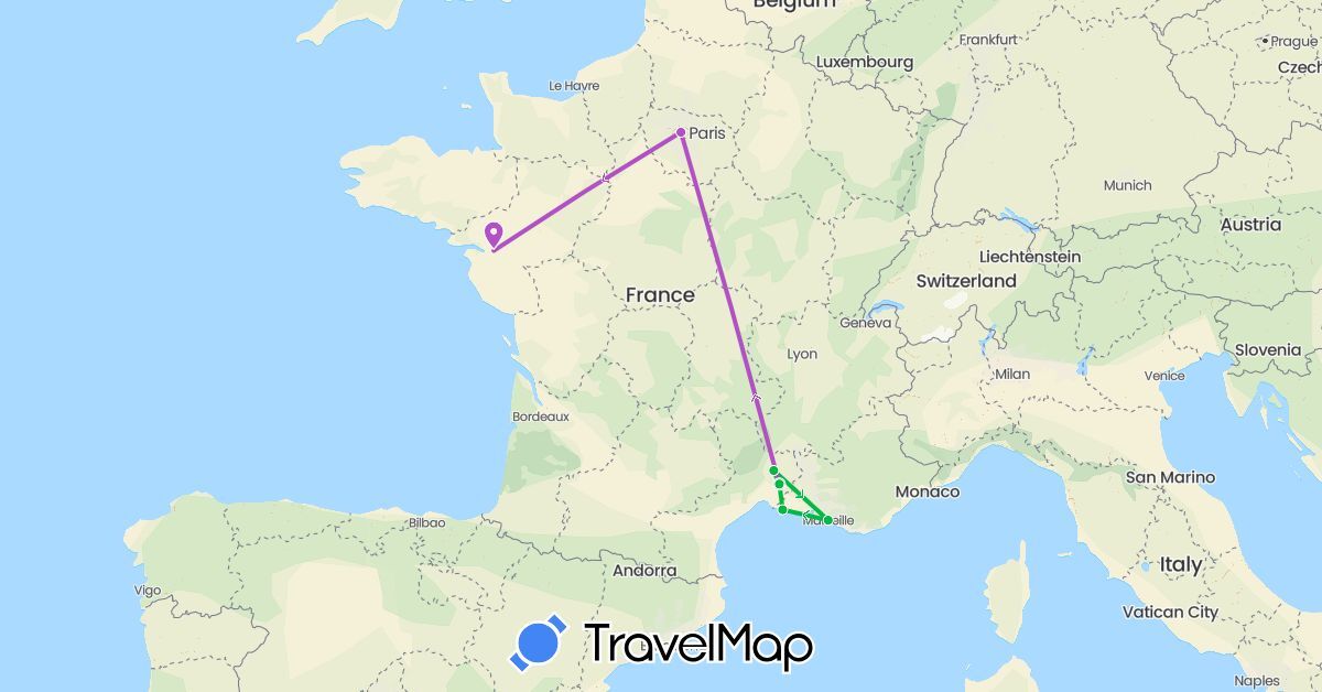 TravelMap itinerary: bus, train, hitchhiking in France (Europe)